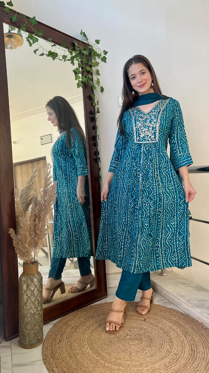 Rayon Bandhej Print Anarkali Kurta Suit Set with Handwork, Santoon Pants and Chiffon Dupatta for Women