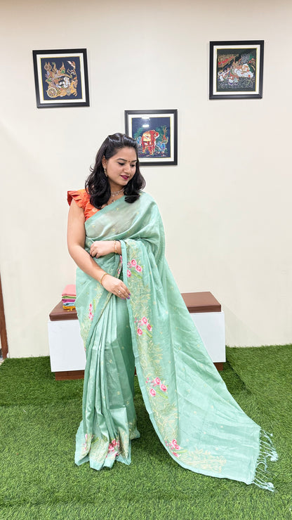 Plain Mangalgiri Pure Pattu Handloom Silk Saree with Embroidery Border