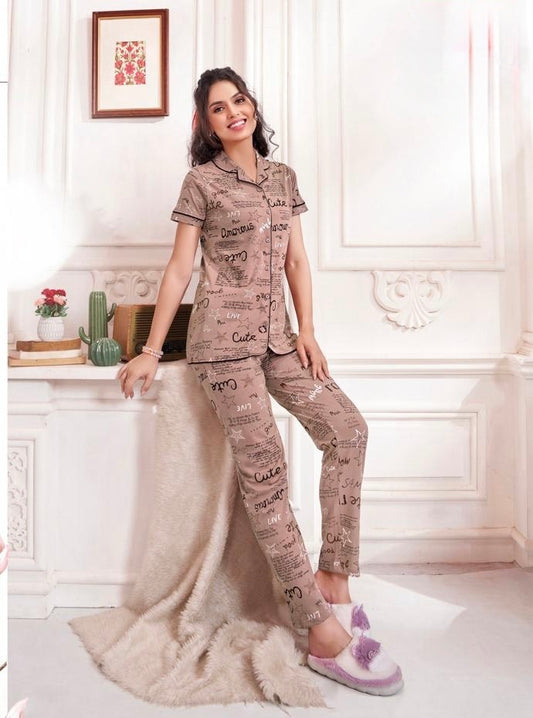 Printed Sinker Fabric Collar Night Suit Set – Women’s Loungewear & Nightwear (M to 2XL)