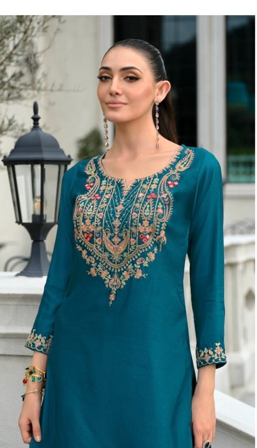 Pure Tussar Silk Co-Ord Set with Embroidery and Handwork – Festive Wear for Women in XL to 3XL