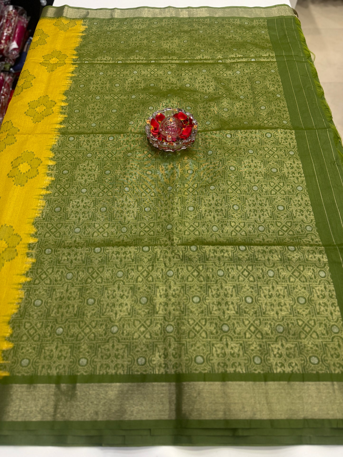 Women’s woven saree with butta motifs, contrast pallu border and tassel pallu, traditional wear, multiple colors