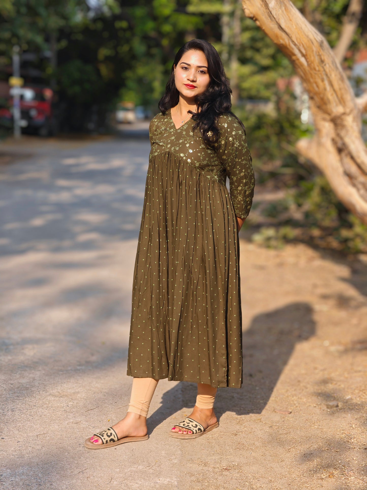 Olive Rayon Yoke Foil Printed A-Line Kurta