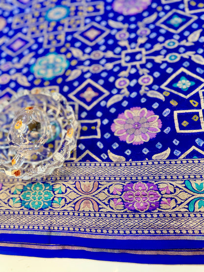 Banarasi Pure Georgette Bandhani Saree with Golden Zari Jaal and Meenakari Work – Bridal Wear