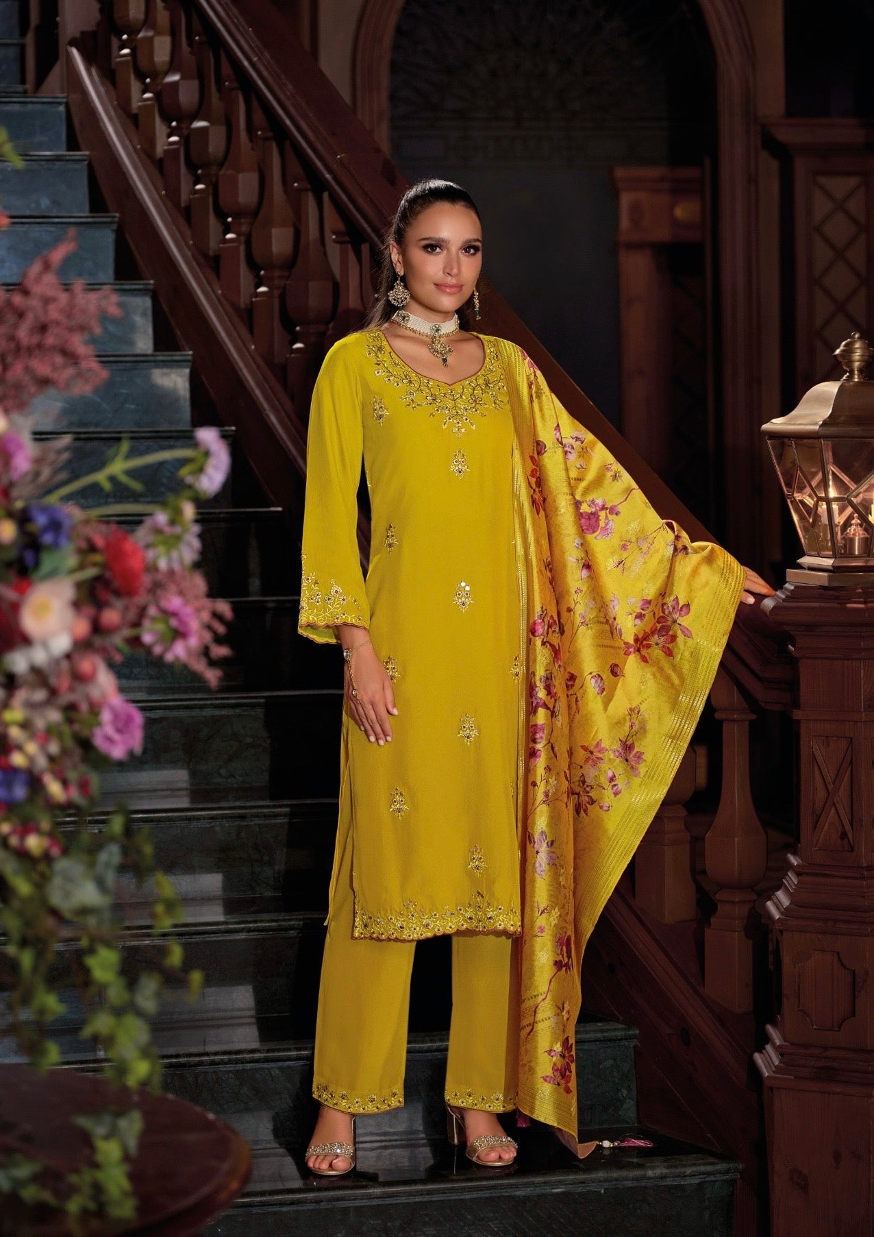 Viscose Silk Embroidered Kurta Plazzo Dupatta Set with Mirror Work and Printed Dupatta – XL & XXL