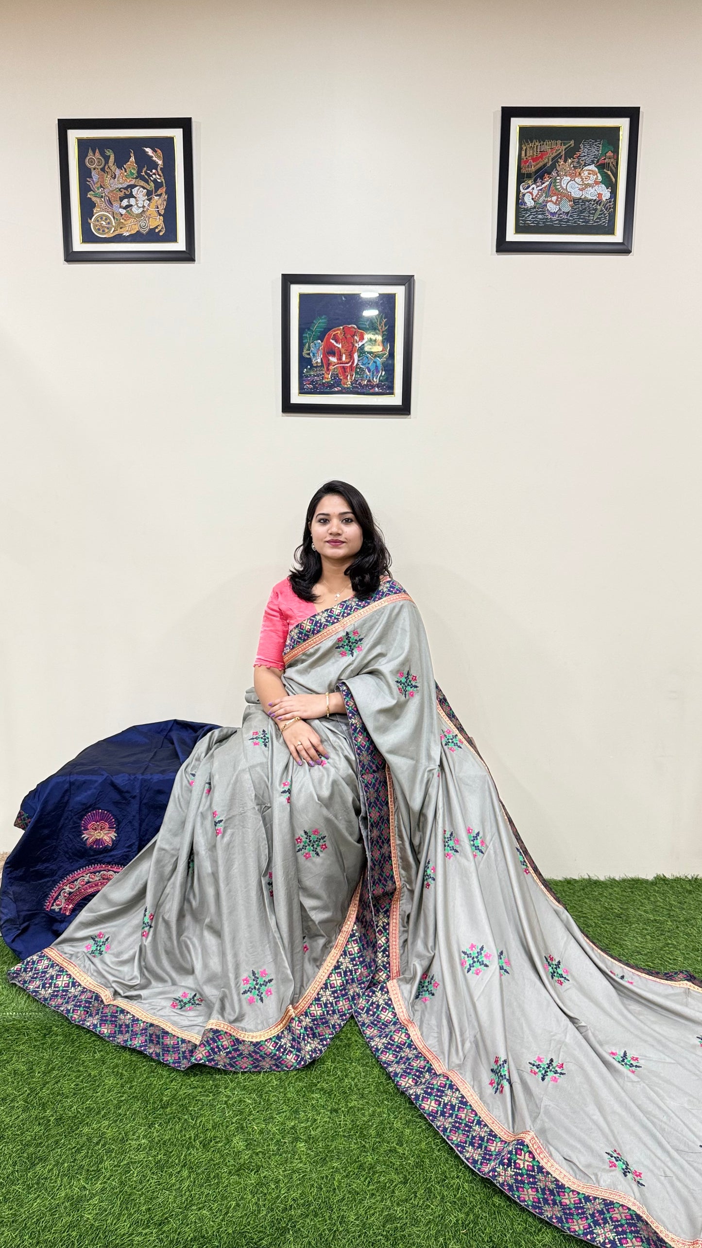 Designer Silk Saree with Embroidery Lace Work, Patchwork and Art Silk Blouse
