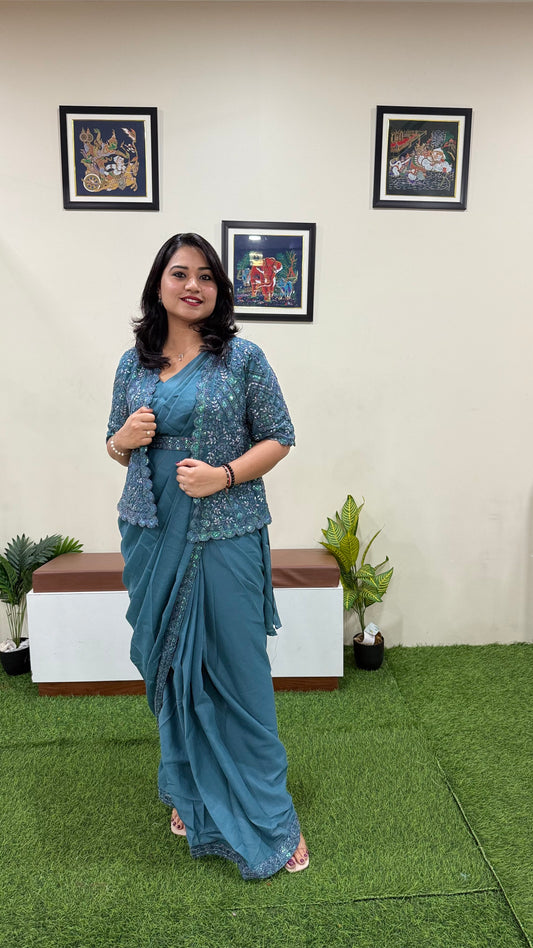 Georgette Ready-to-Wear Saree with Sequence Embroidery, Embroidered Koti & Work Belt – Free Size up to XXL