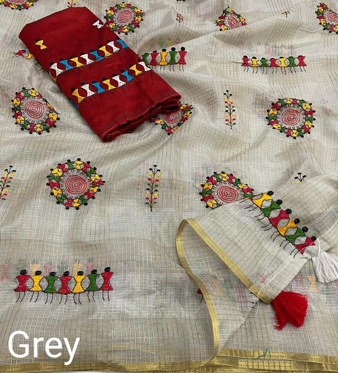 Manipuri Kota Chex Saree with Worli Embroidery and Zari Pattu Border, Mulberry Silk Blouse