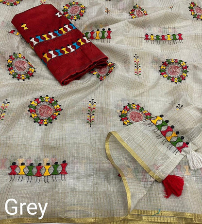 Manipuri Kota Chex Saree with Worli Embroidery and Zari Pattu Border, Mulberry Silk Blouse