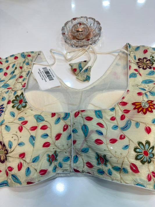 Pure silk embroidered readymade blouse for women, floral print, 3/4 sleeve, padded, size 38–42, 15 inch length