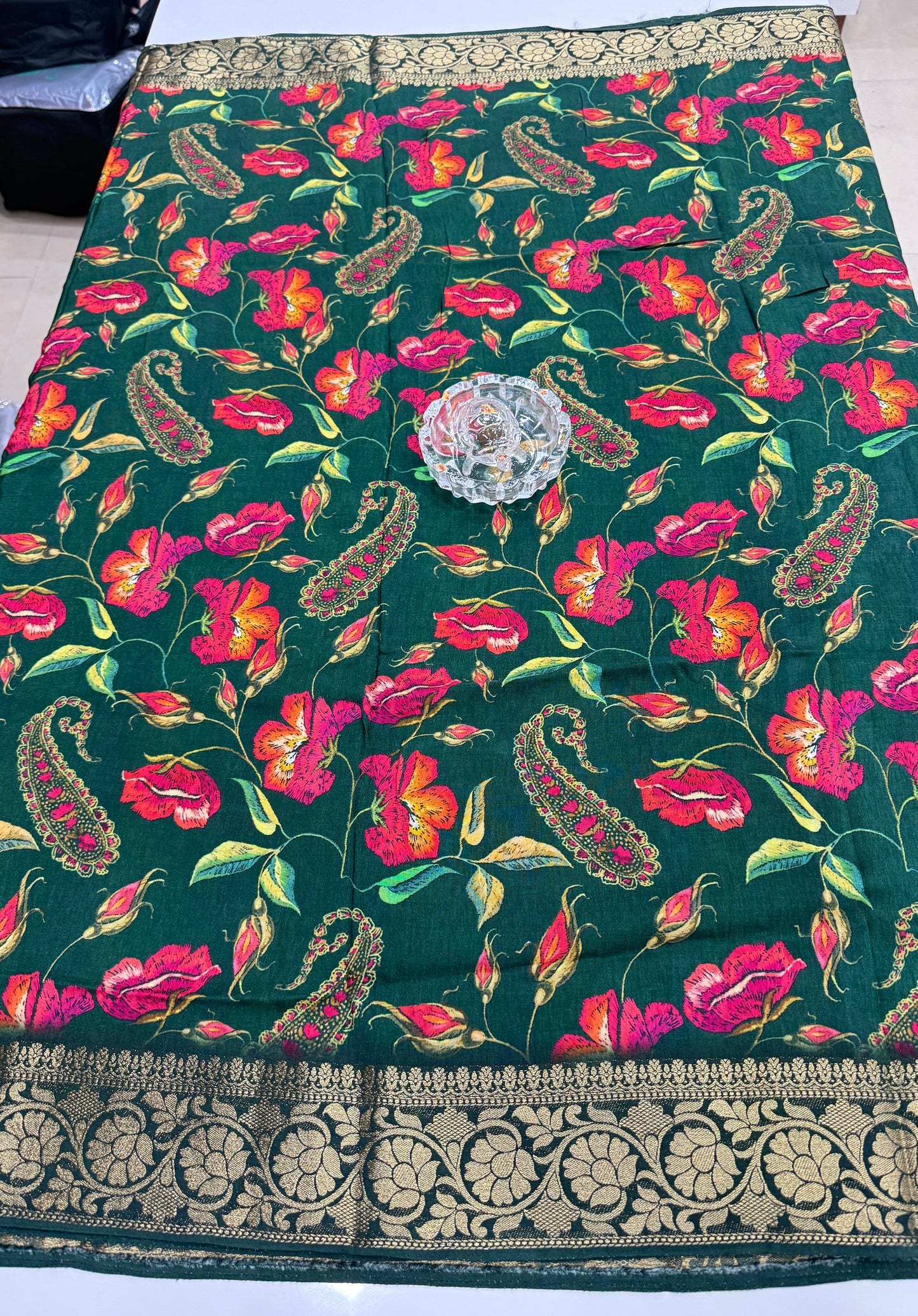 Pure Viscose Crepe silk saree with digital floral print and woven zari border for women