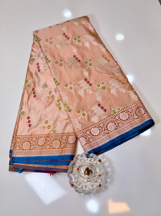 Mashru Katan Silk Saree with Multicolor Zari Weaving and Contrast Border – Festive Wear for Women