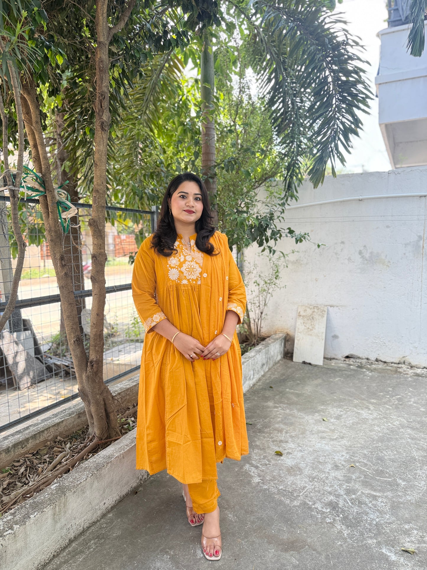 Cotton Mul Kurta Set with Hanging Embroidery Yoke, Cotton Pant and Motif Embroidered Dupatta