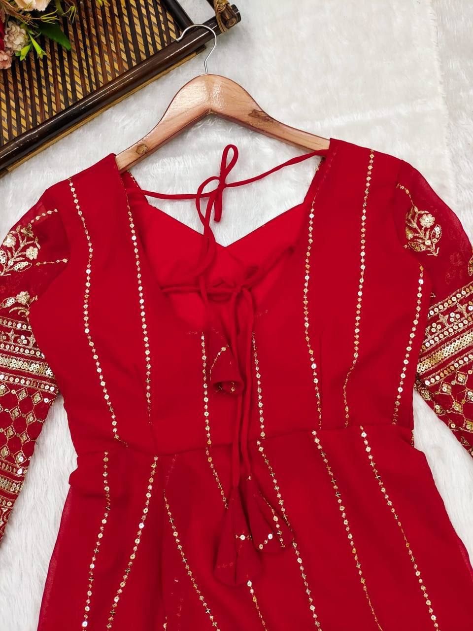 Red Georgette Slit Suit Set for Women with Dupatta and Bottom – Embellished Details – Sizes S to XXL