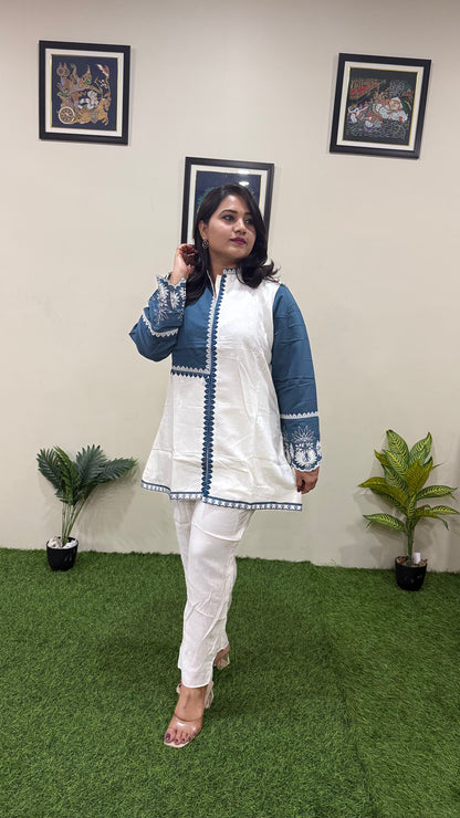 Women's Pure Silk Co-ord Set in White and Teal with Embroidered Sleeves and Trim Detailing