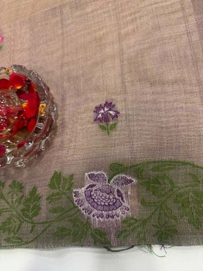 Tissue chanderi saree with floral border and tassel pallu, pastel printed saree for women