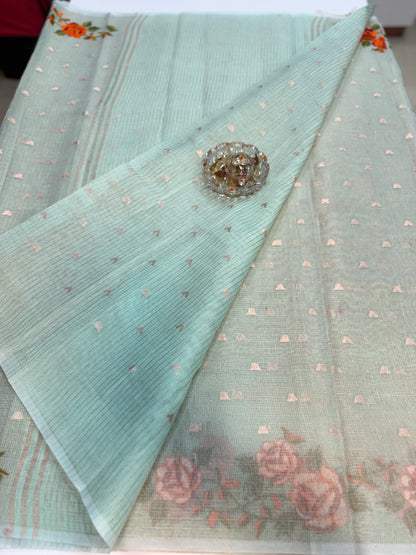 Banarasi Cotton Tissue Saree for Women with Meenakari Embroidery Border, Zari Booti Weaving and Tassel Pallu