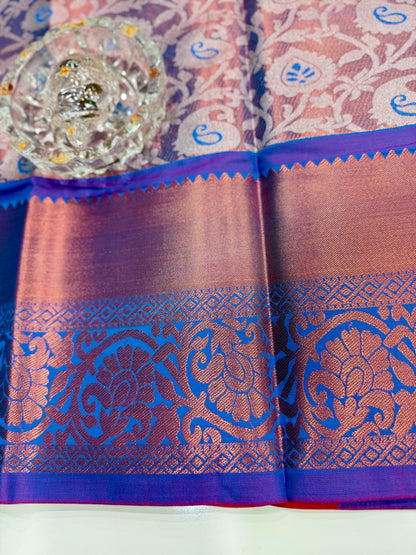 Bridal tissue saree for women with woven zari work and contrast border, kanchipuram style powerloom saree with blouse fabric