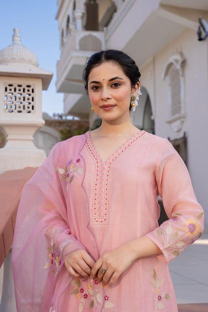 Mal Chanderi Anarkali Kurti Pant Set with Embroidery and Organza Scalloped Dupatta for Women