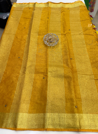 Pure Tissue 150 Count Linen Handloom Saree with Handwork and Running Blouse for Women