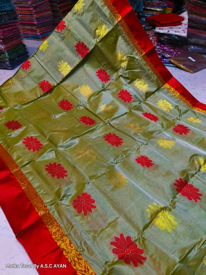 Matka Tussar Silk Saree with Golden Zari Weaving and Velvet Border