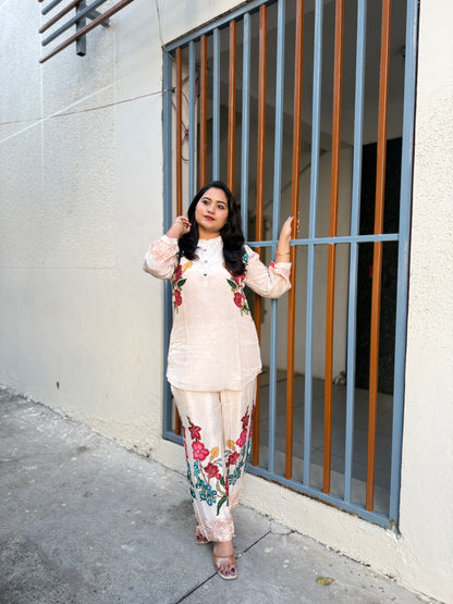 Premium Crepe Co-Ord Set with Floral Placement Print, Button and Tassel Detailing – Ethnic Wear for Women (38 to 44)