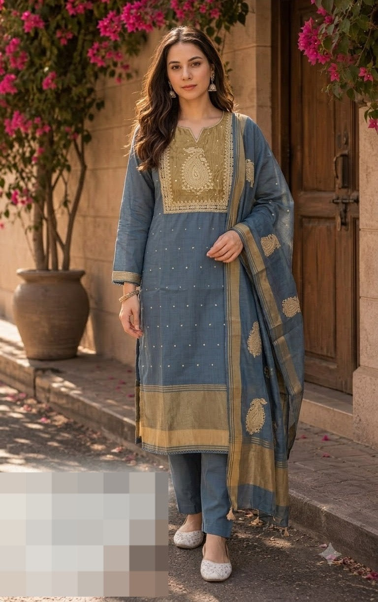 Jamdani Cotton Kurta Pant Dupatta Set for Women with Lining, Beige Ethnic 3 Piece Set - Blude Gold Design