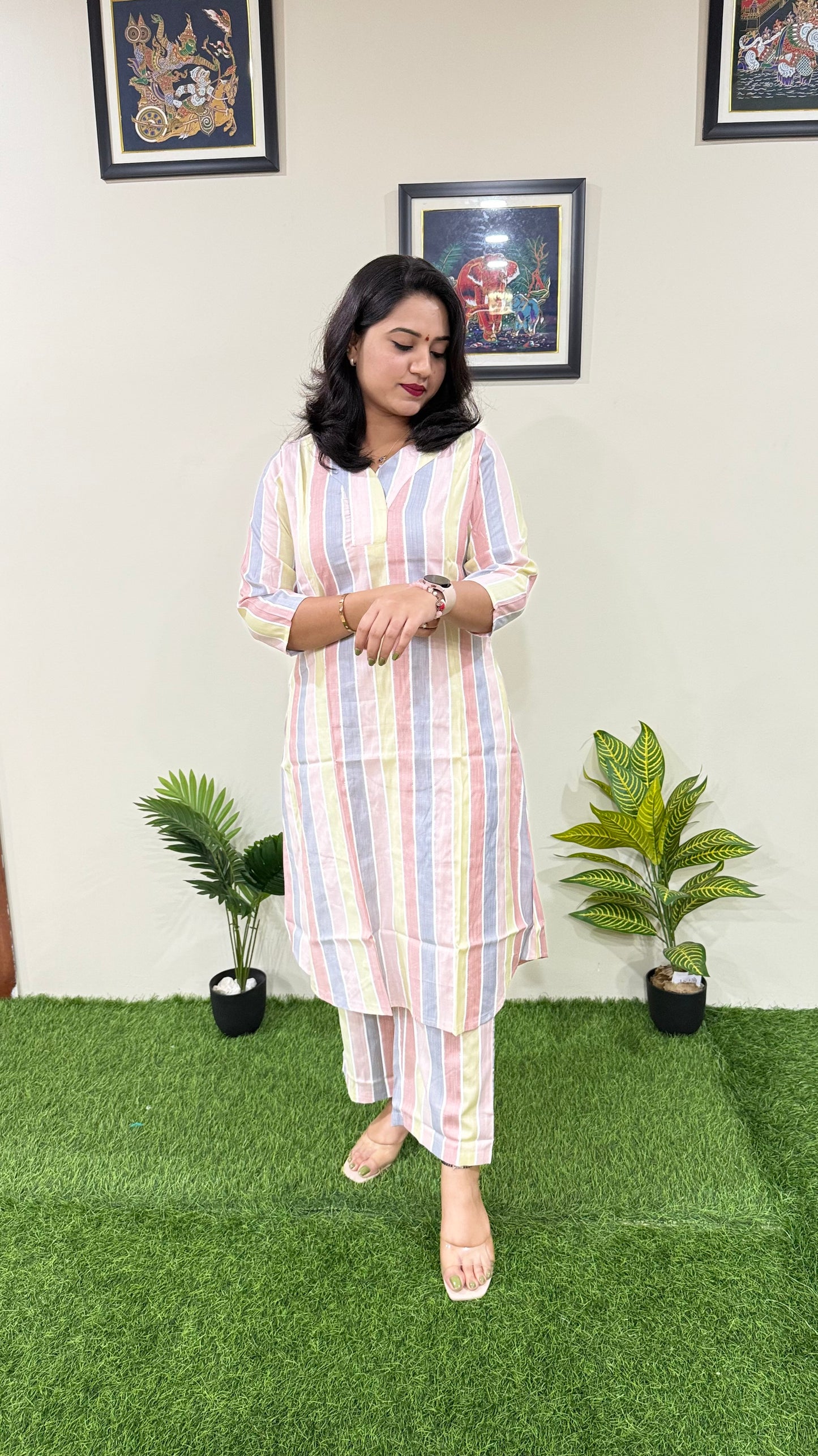 Women's Handloom Striped Coord Set in Soft Cotton – Regular Fit Casual Wear Set (Sizes 36–44)