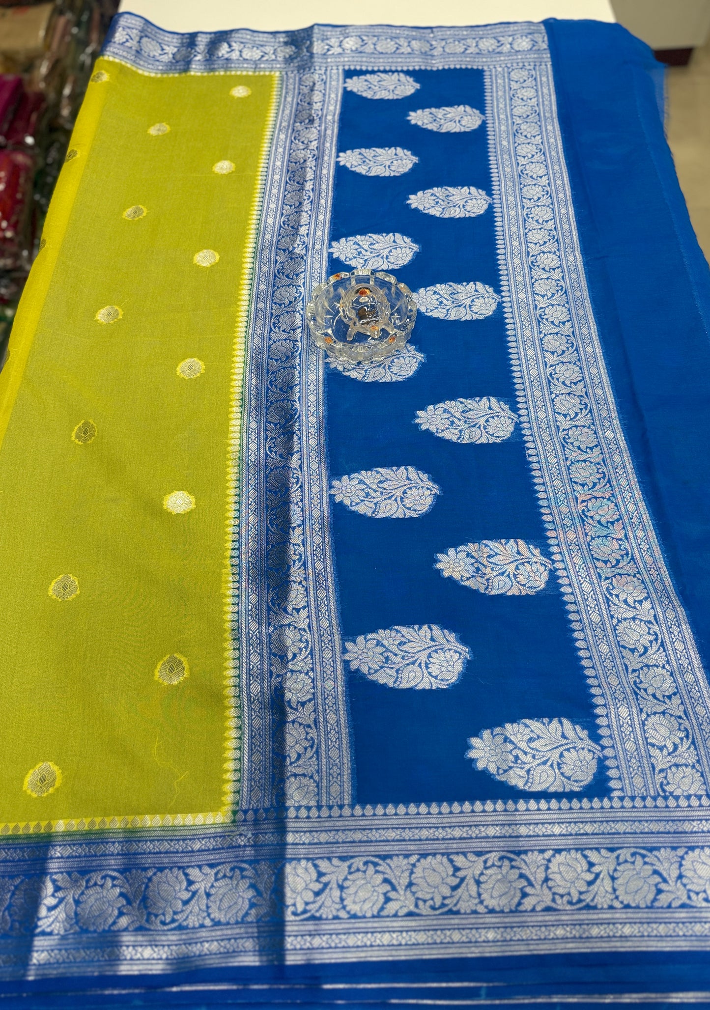 Banarasi semi georgette silk saree with silver zari buti design, contrast pallu and woven border for women