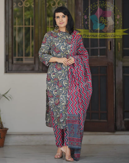 Pure Cotton Floral Kurti Pant Dupatta Set for Women – Printed 3-Piece Ethnic Wear – Sizes 36 38