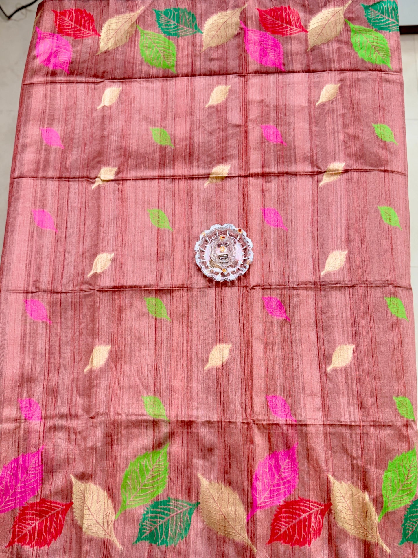 Multicolour Leaf Semi Raw Silk Saree with Temple Border and Blouse – Handwoven Style Festive Wear