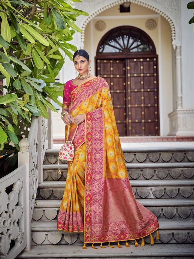 Designer Yellow Silk Saree with Heavy Embroidery Work and Unstitched Blouse for Festive and Wedding Wear