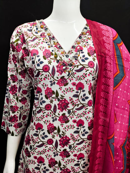 Cotton Kurti Pant Dupatta Set with Handwork and Mirror Detailing for Women