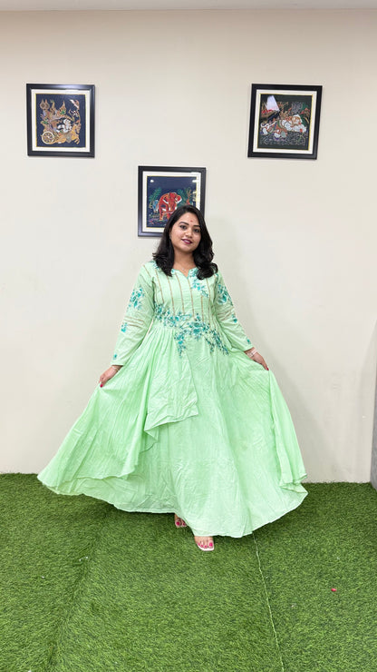 Muslin Silk Embroidered Gown for Women with Handwork and Malai Crepe Inner – 56+ Inch Length