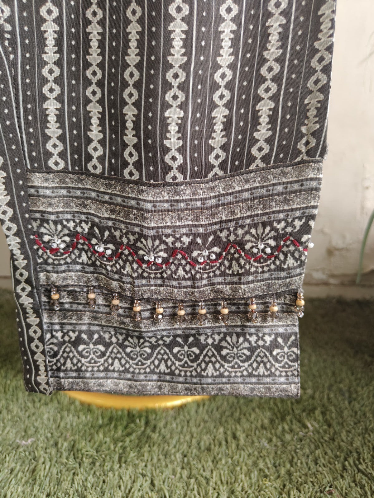 Women’s digital viscose silk kurta set with moti sequence handwork, pant and muslin dupatta, size 38–44