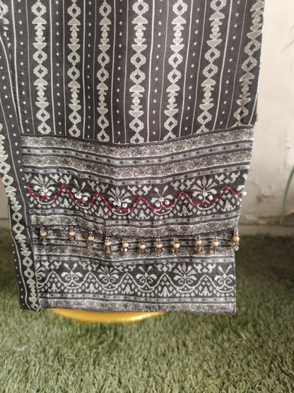 Women’s digital viscose silk kurta set with moti sequence handwork, pant and muslin dupatta, size 38–44