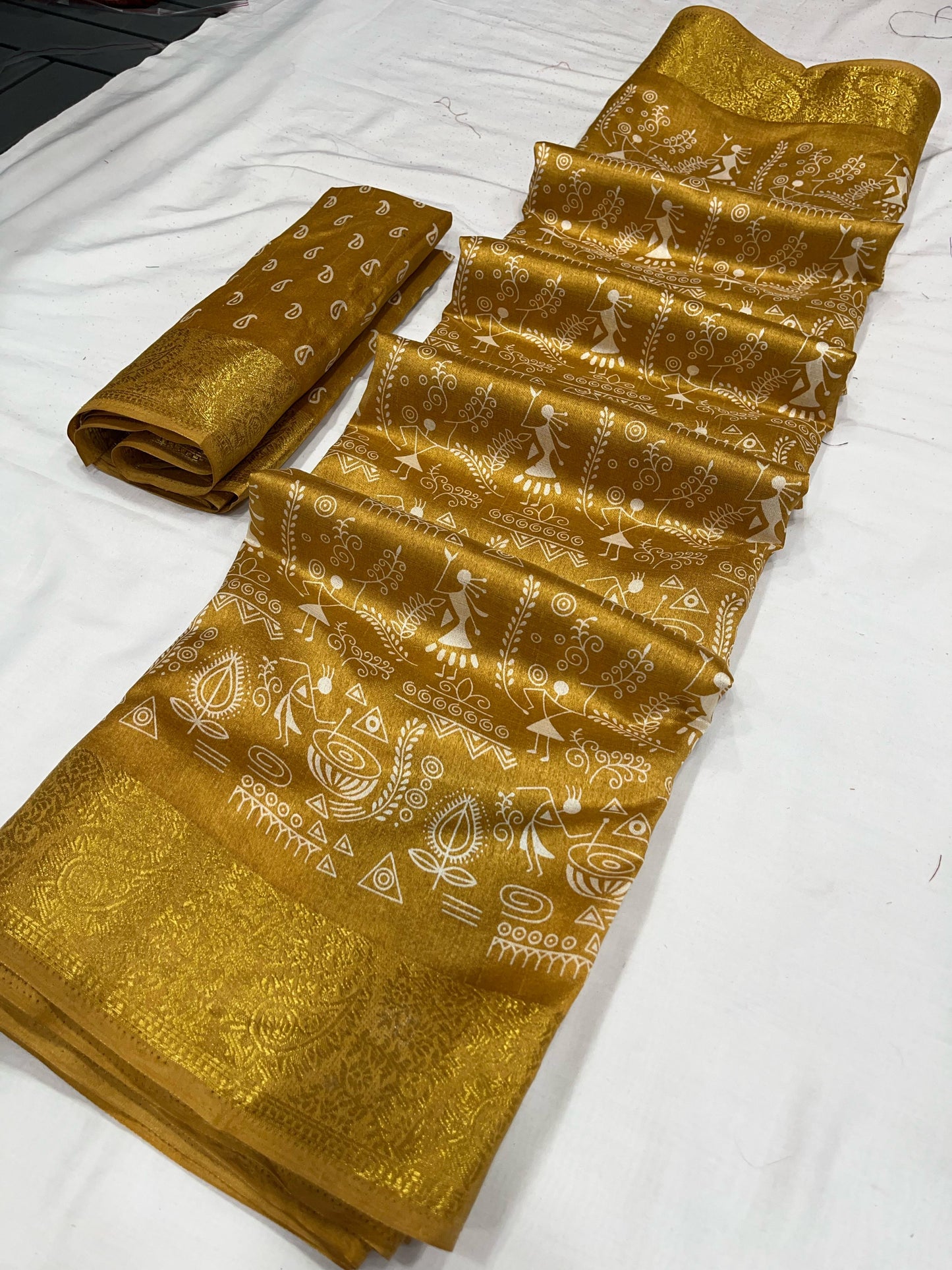 Soft Tussar Silk Slub Digital Print Saree with Golden Zari Weaving Border and Contrast Blouse
