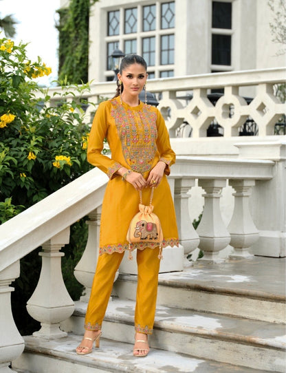 Pure Tussar Silk Co-Ord Set with Embroidery and Handwork – Festive Wear for Women in XL to 3XL