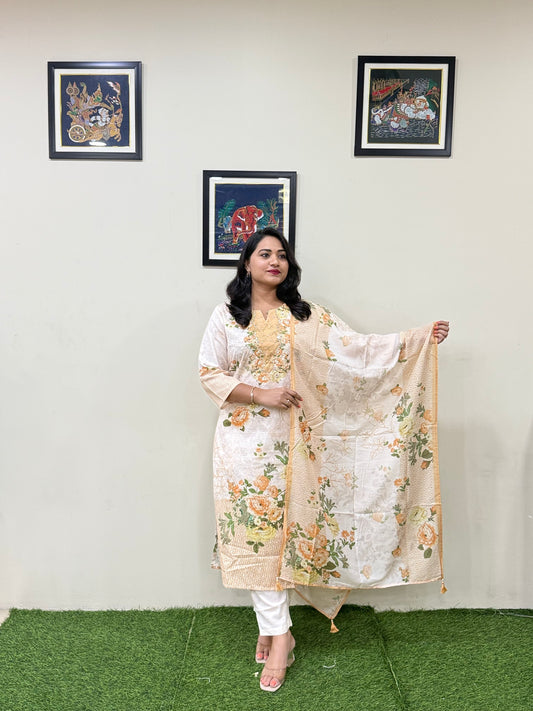 Women’s Linen Schiffli Embroidered Kurta Set with Cotton Pant and Viscose Mal Dupatta – L to 3XL