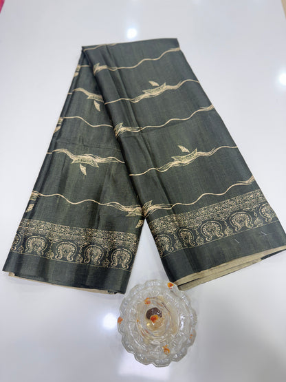 Semi Tussar Silk Saree with Ethnic Print Border and Tassel Pallu, Sea & Ships Print