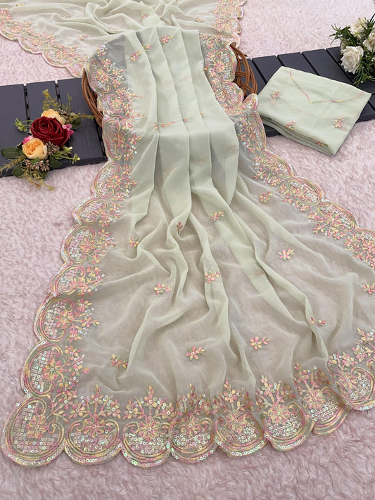 Pure Georgette Embroidered Saree with Butta Work