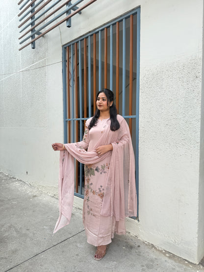 Women’s pure chinnon kurta set with lining, floral handwork detail, pant and dupatta, festive ethnic wear