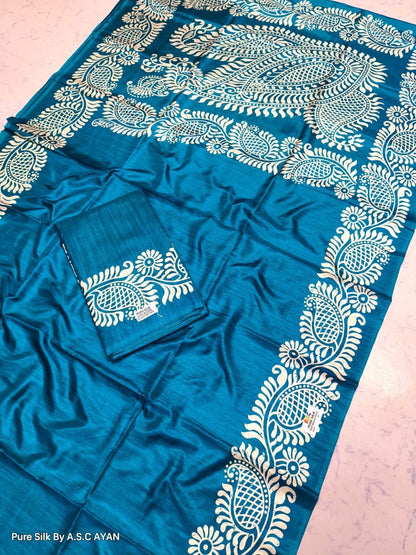 Alpana Print Pure Silk Saree with Printed Blouse Piece