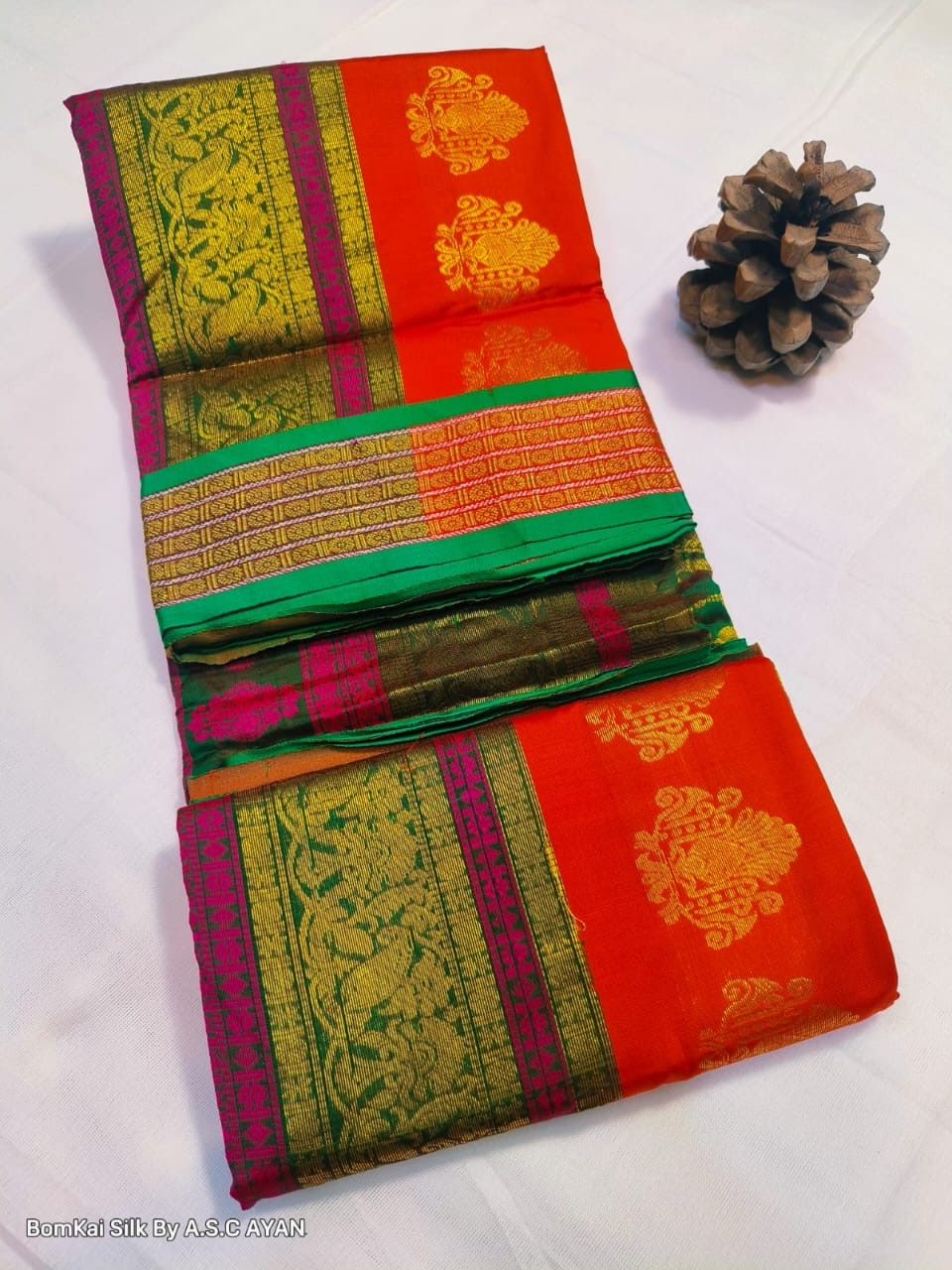 Bomkai Silk Saree with Achal Multi-Color Work and Golden Jari Butta Border – With Blouse Piece for Women