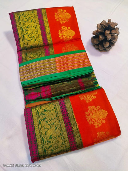 Bomkai Silk Saree with Achal Multi-Color Work and Golden Jari Butta Border – With Blouse Piece for Women