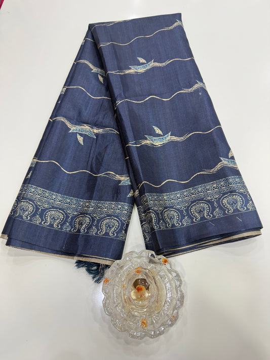 Semi Tussar Silk Saree with Ethnic Print Border and Tassel Pallu, Sea & Ships Print