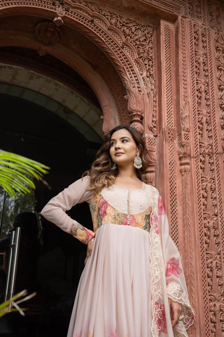 Chiffon Anarkali Kurta Pant Dupatta Set with Embroidery – Women’s Festive Ethnic Wear (Sizes M–XXL)