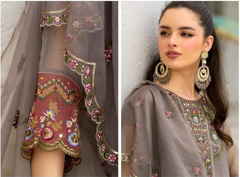 Organza Crush 3-Piece Suit Set with Embroidery, Handwork and Muslin Inner for Women