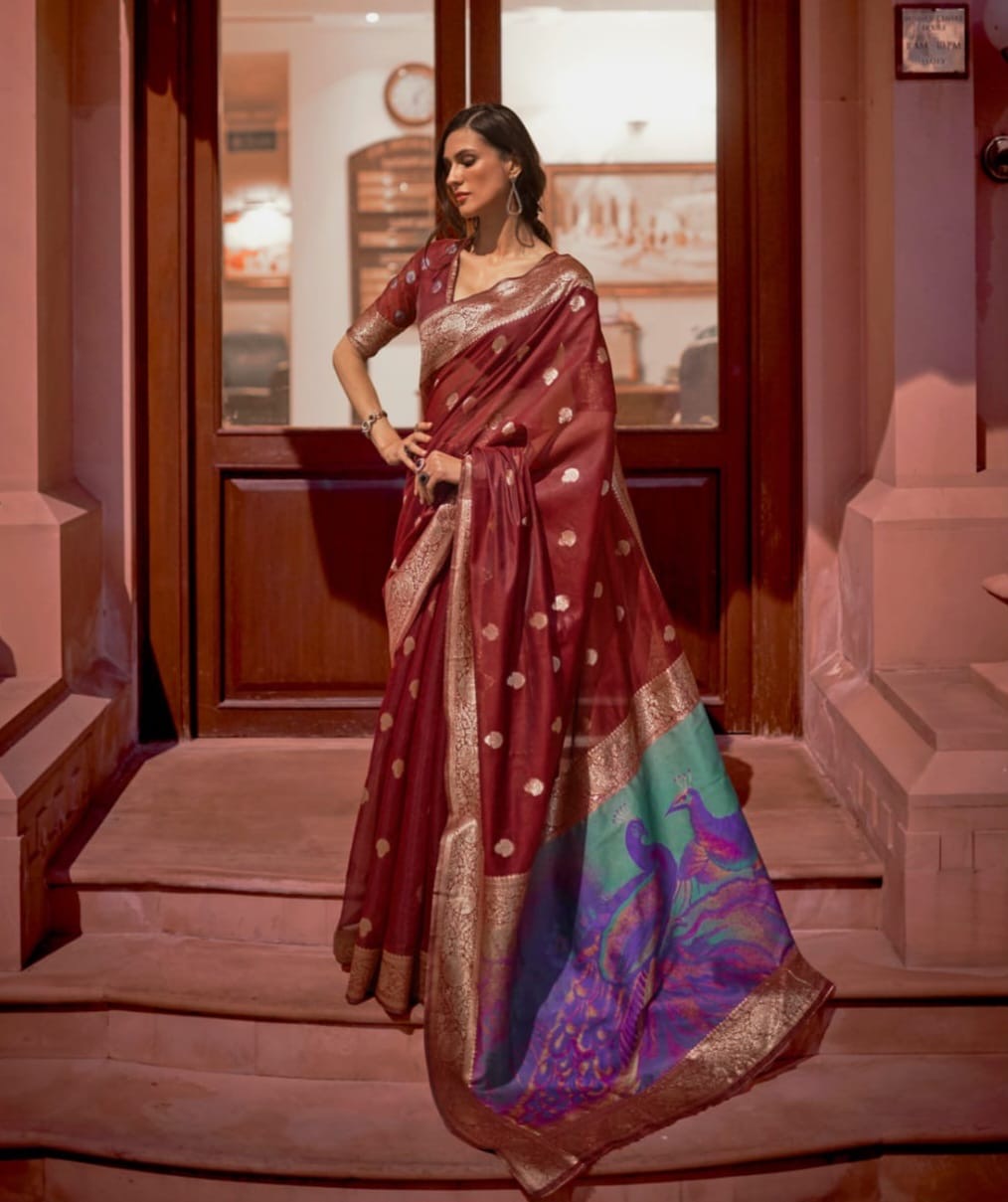 Modal silk saree with woven buttas and peacock pallu for women
