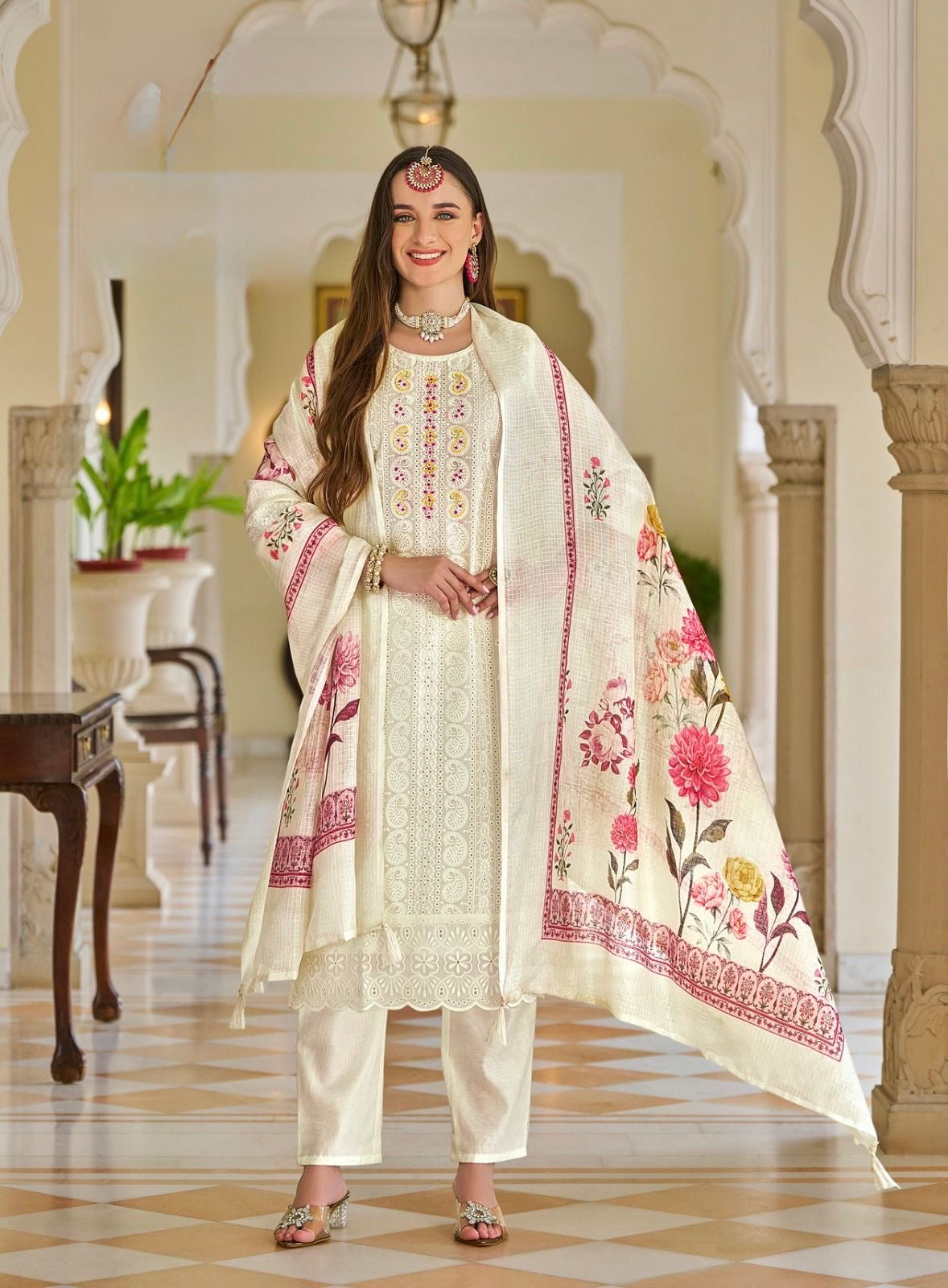 Chanderi Silk Chifli Work Kurti with Pant & Digital Print Dupatta – Festive Wear – Sizes XXL to 4XL