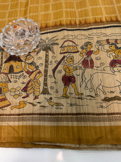 Spider Silk Saree with Folk Art Print Border and Tassel Pallu